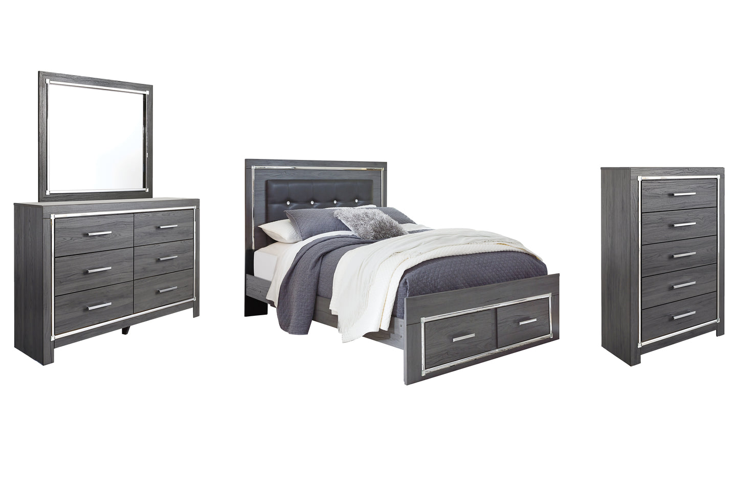 Lodanna Panel Bed With 2 Storage Drawers With Mirrored Dresser And Chest