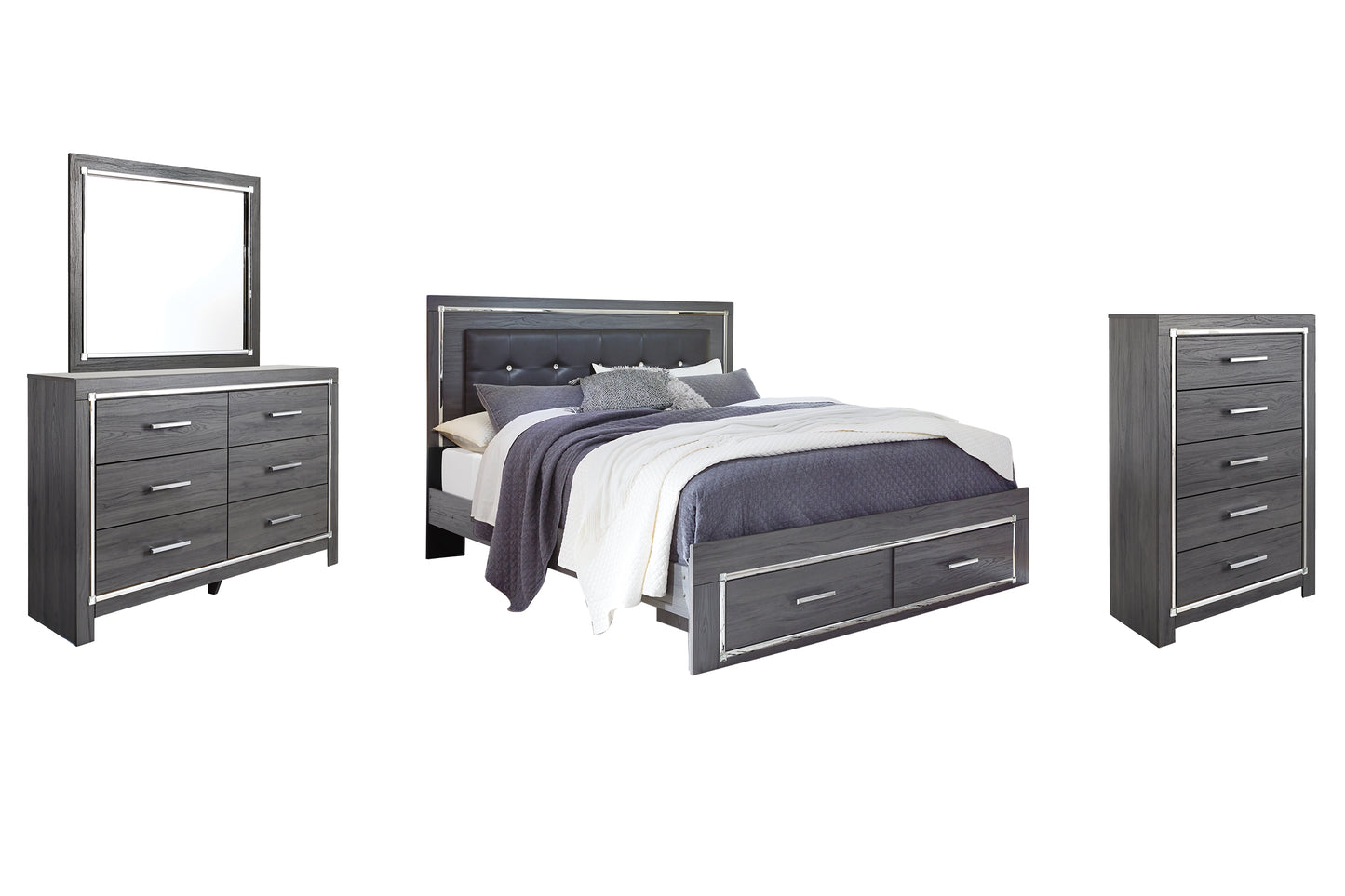 Lodanna Panel Bed With 2 Storage Drawers With Mirrored Dresser And Chest