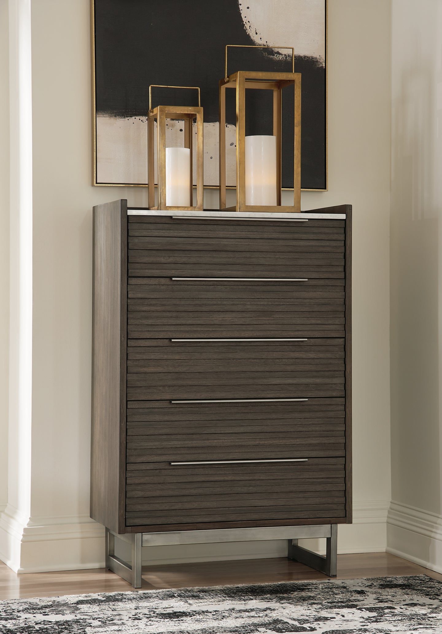 Arkenton California King Panel Bed with Mirrored Dresser, Chest and 2 Nightstands