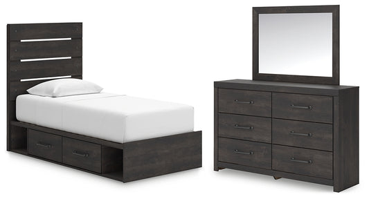 Hollivern Twin Panel Bed with Storage, Dresser and Mirror