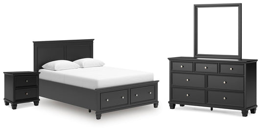 Lanolee Queen Panel Storage Bed, Dresser, Mirror and Nightstand