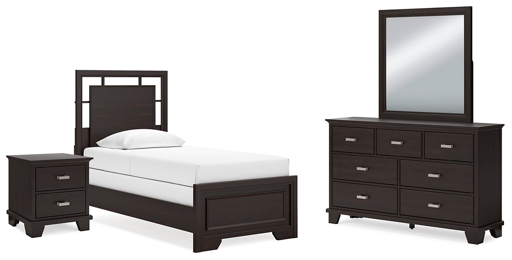 Twin Panel Bed with Mirrored Dresser and Nightstand