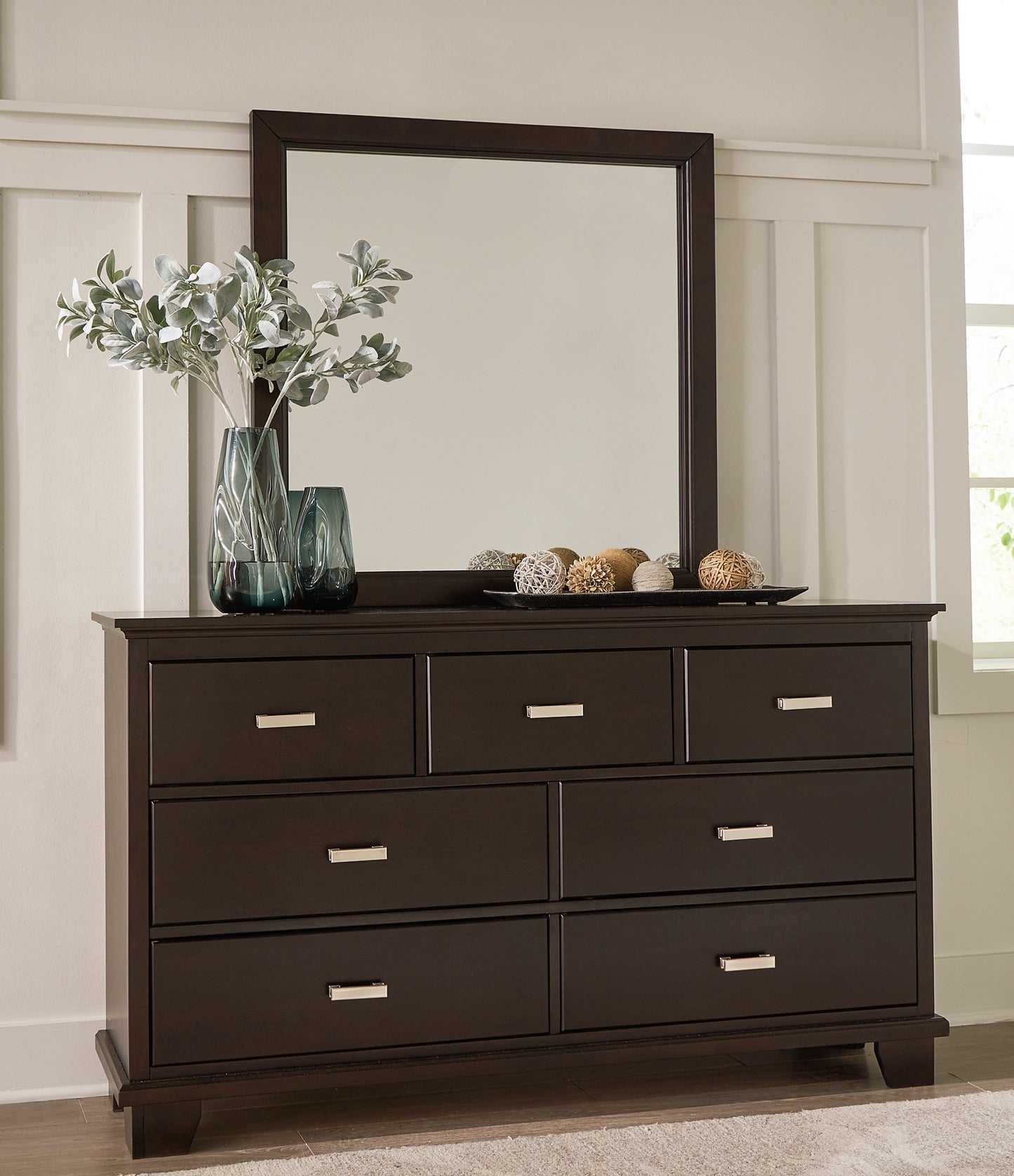 Twin Panel Bed with Mirrored Dresser and Nightstand