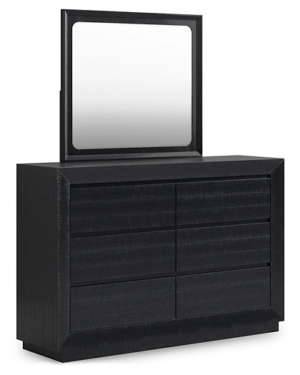 Londer California King Panel Bed with Mirrored Dresser, Chest and 2 Nightstands