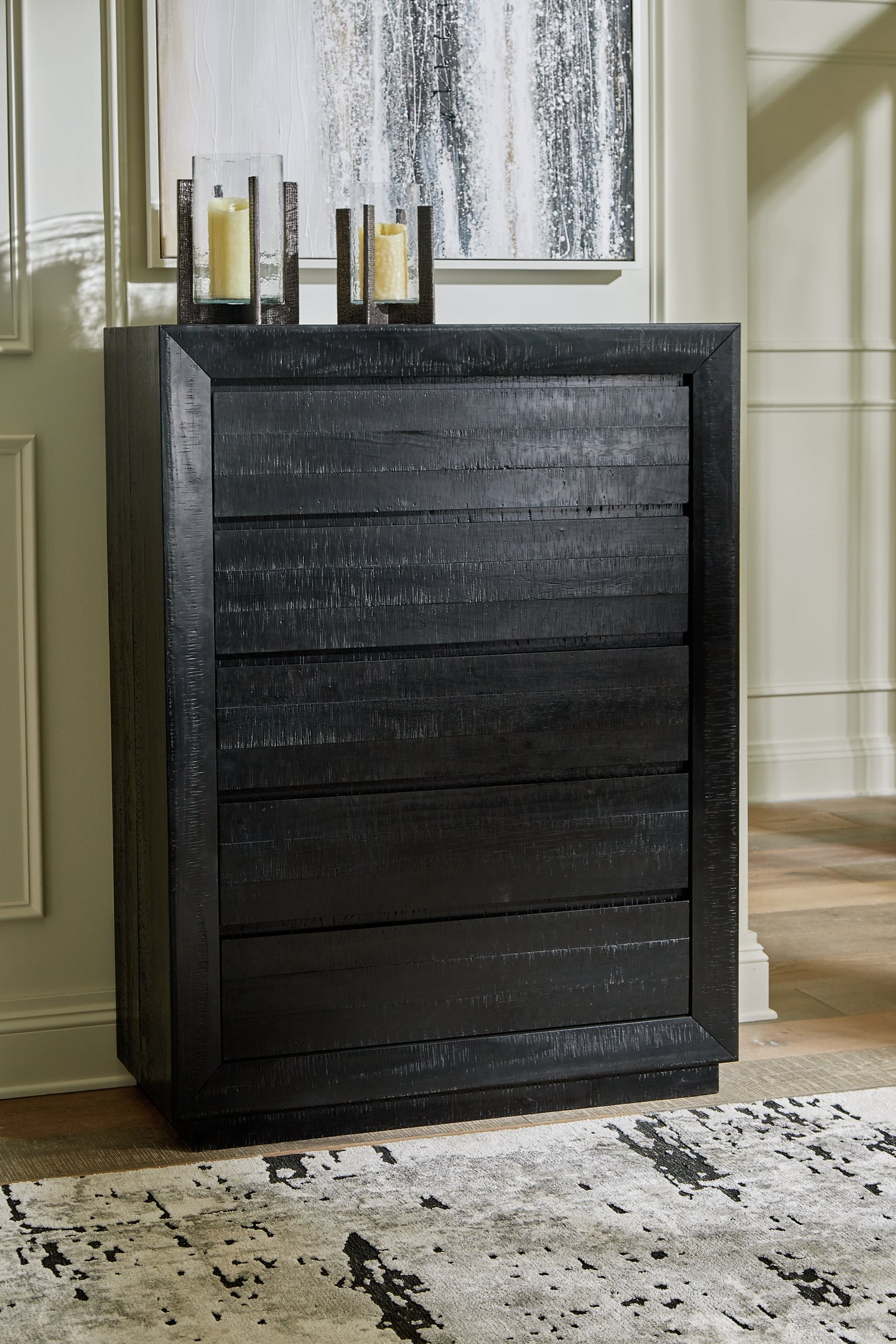 Londer California King Panel Bed with Mirrored Dresser, Chest and 2 Nightstands