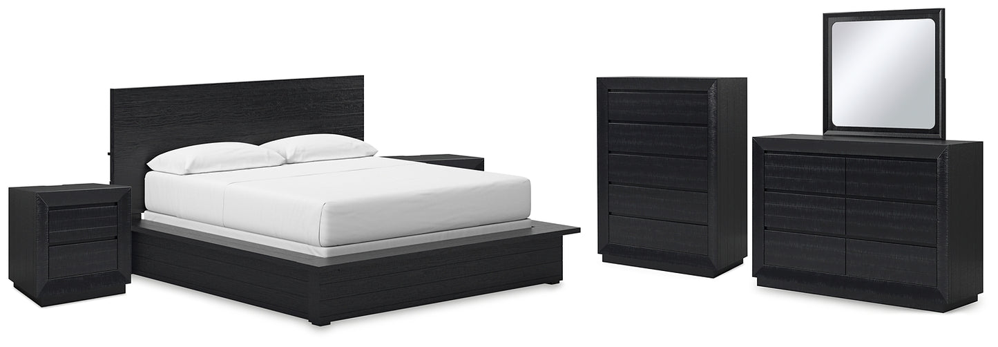 Londer California King Panel Bed with Mirrored Dresser, Chest and 2 Nightstands