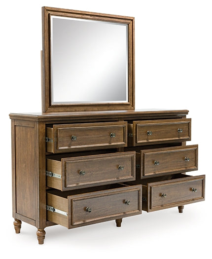 Sturlayne Queen Upholstered Panel Bed with Mirrored Dresser and Chest