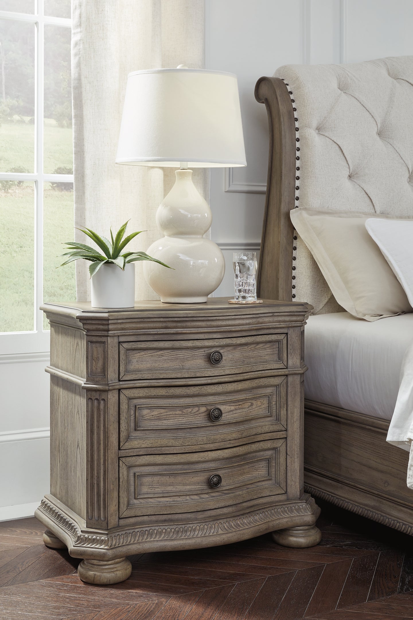 Ardenfield King Upholstered Sleigh Bed with Mirrored Dresser, Chest and Nightstand