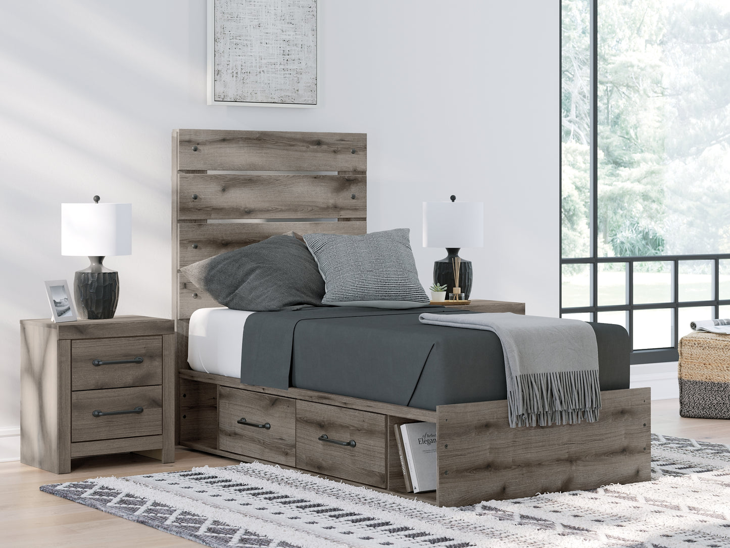 Graystorm Twin Panel Storage Bed with Mirrored Dresser and Chest