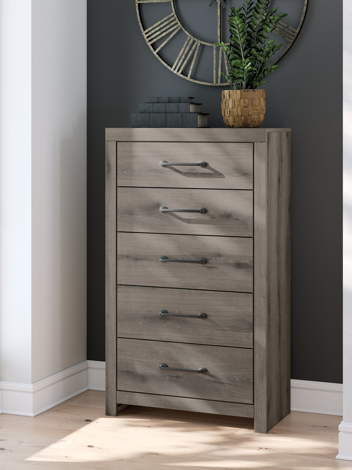 Graystorm Full Panel Bed with Mirrored Dresser and Chest
