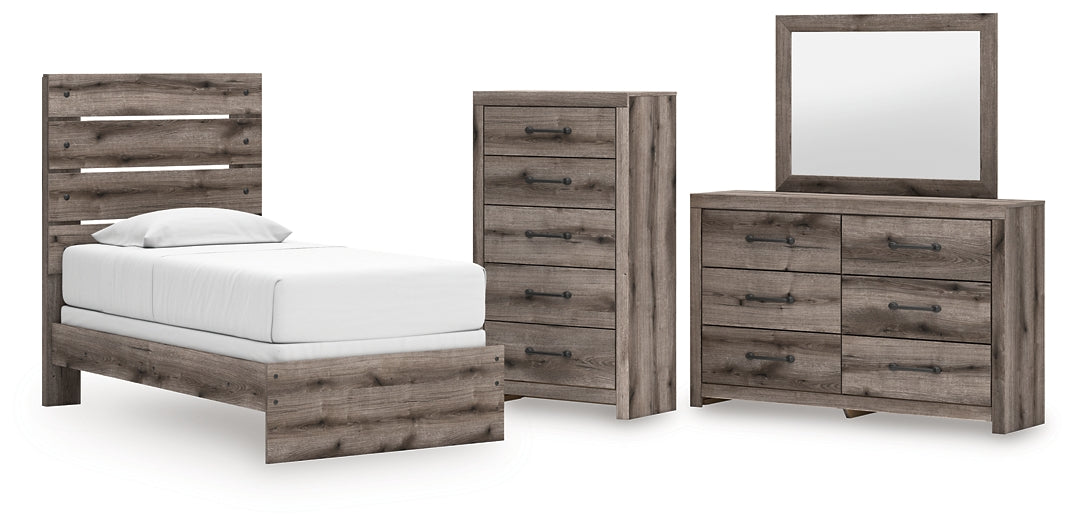 Graystorm Twin Panel Bed with Mirrored Dresser and Chest