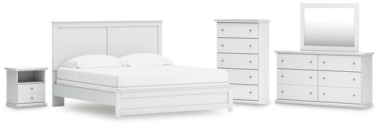 Bostwick Shoals King Panel Bed with Mirrored Dresser, Chest and Nightstand