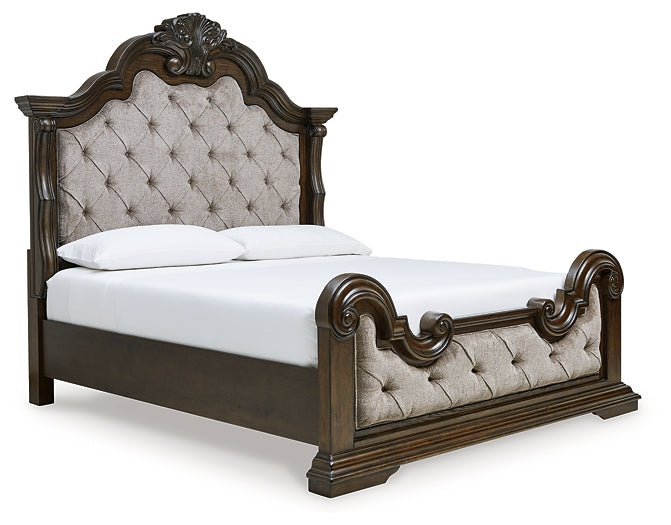Maylee King Upholstered Bed with Mirrored Dresser and Chest