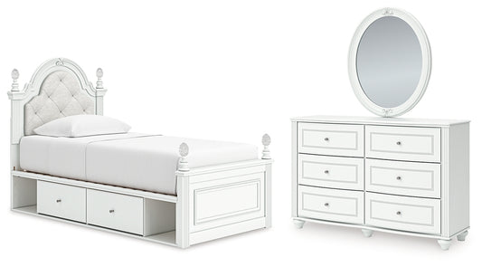 Kozlani Twin Upholstered Panel Storage Bed, Dresser and Mirror