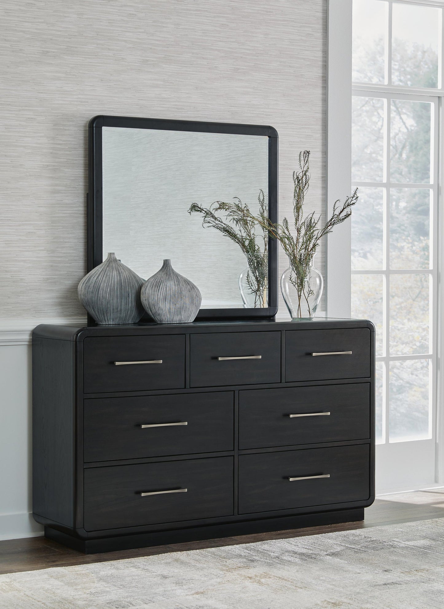 Rowanbeck California King Upholstered Panel Bed, Dresser, Mirror and Nightstand