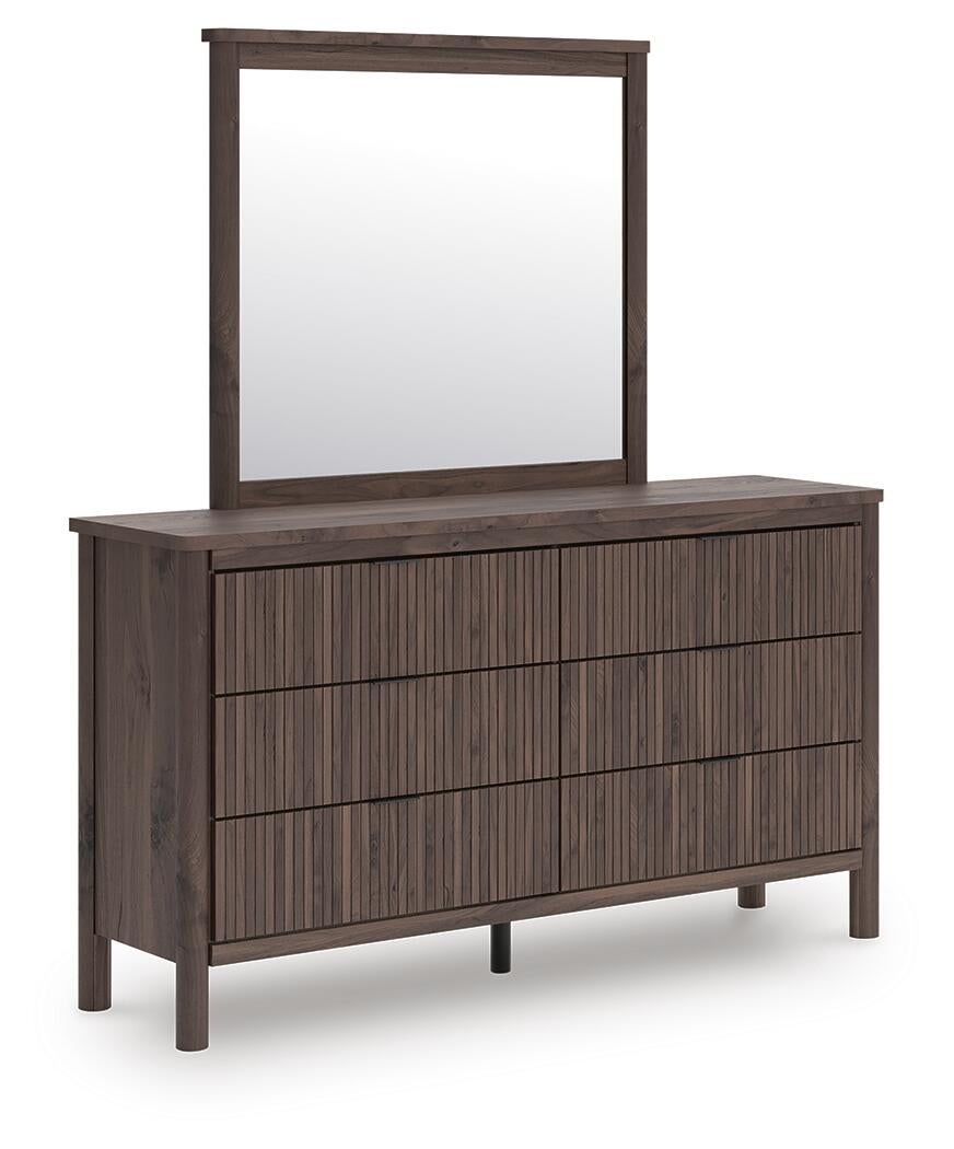 Pamytta Full Upholstered Panel Platform Bed, Dresser and Mirror