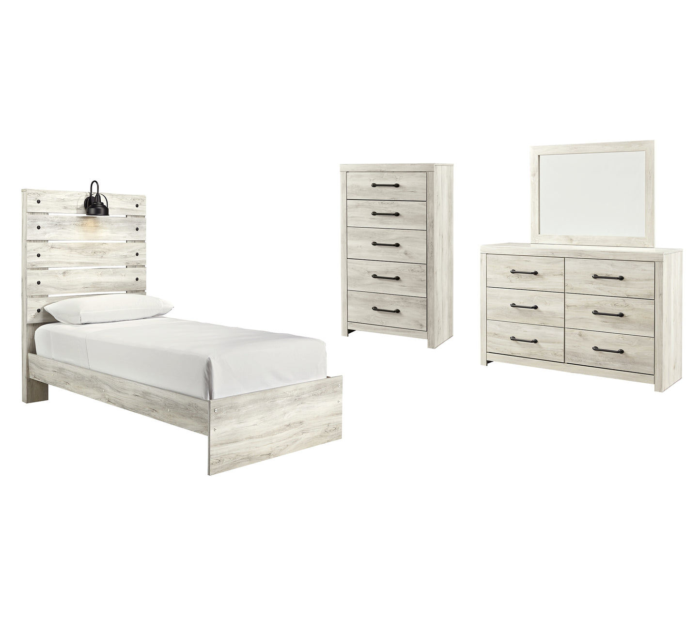 Cambeck Twin Panel Bed with Mirrored Dresser and Chest