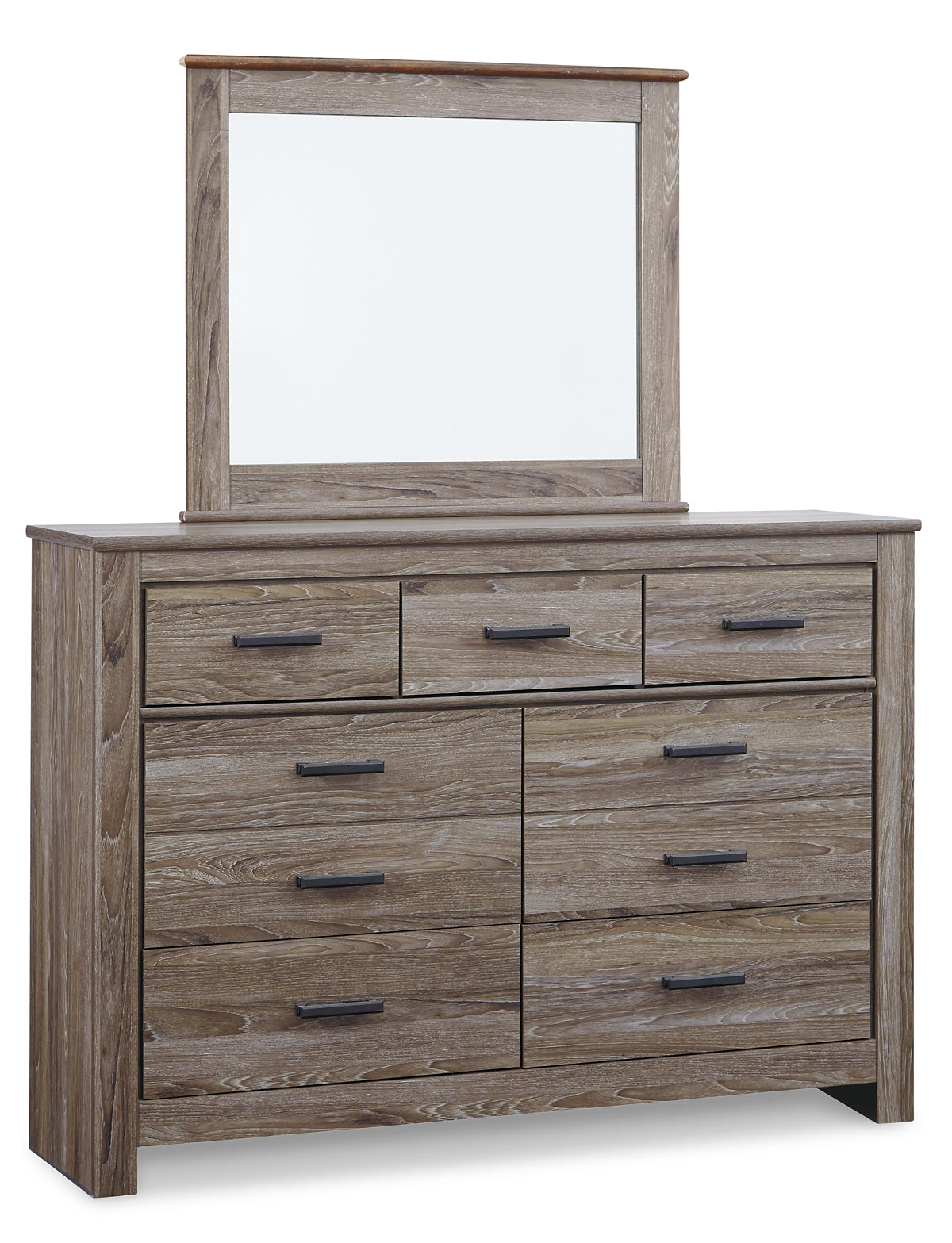 Zelen Queen Panel Bed with Mirrored Dresser, Chest and 2 Nightstands