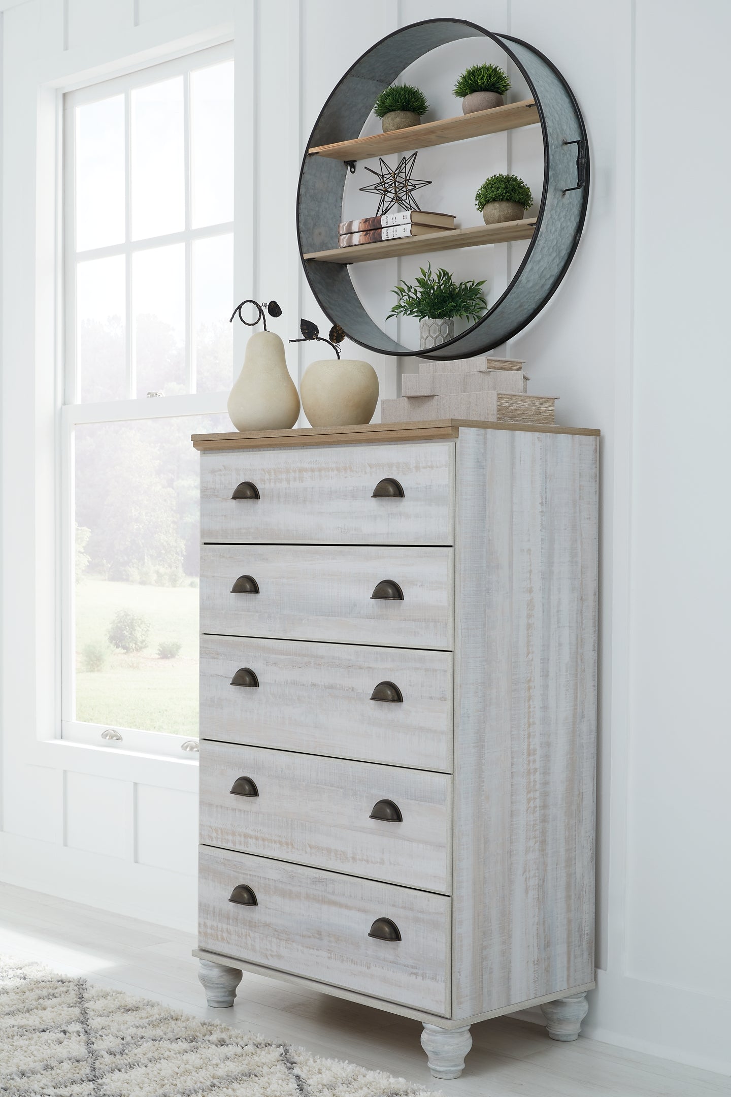 Haven Bay King Panel Storage Bed with Mirrored Dresser and Chest